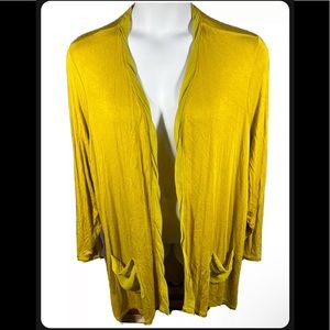 LOGO by Lori Goldstein Yellow Knit Cardigan w/ Rolled Chiffon Trim Plus size 3X